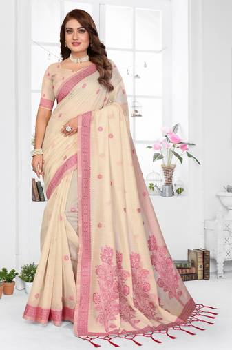 cream spun cotton blend woven designer ethnic partywear saree