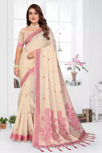 cream spun cotton blend woven designer ethnic partywear saree