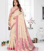 cream spun cotton blend woven designer ethnic partywear saree