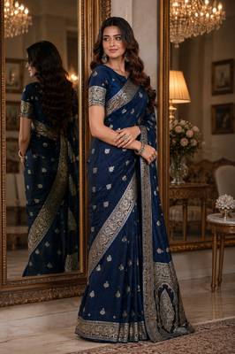 Blue soft silk blend banarasi jacuard work festive saree with unstitched blouse piece 4