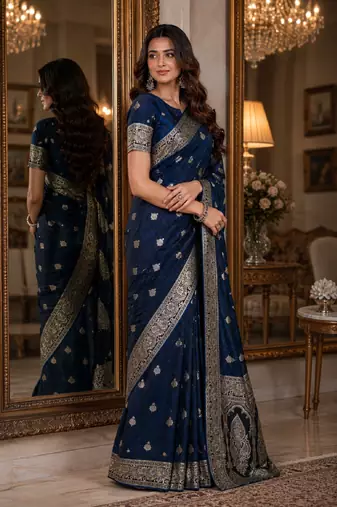Blue soft silk blend banarasi jacuard work festive saree with unstitched blouse piece