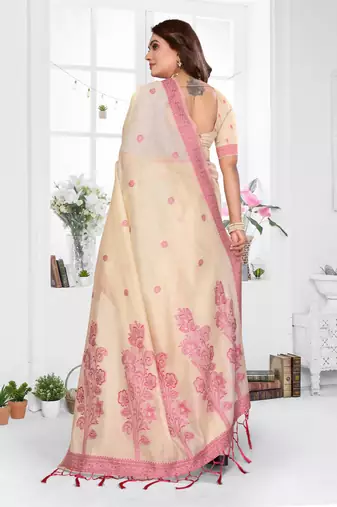cream spun cotton blend woven designer ethnic partywear saree