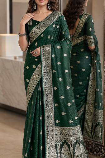Green soft silk blend banarasi jacuard work festive saree with unstitched blouse piece