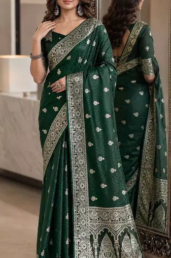 Green soft silk blend banarasi jacuard work festive saree with unstitched blouse piece