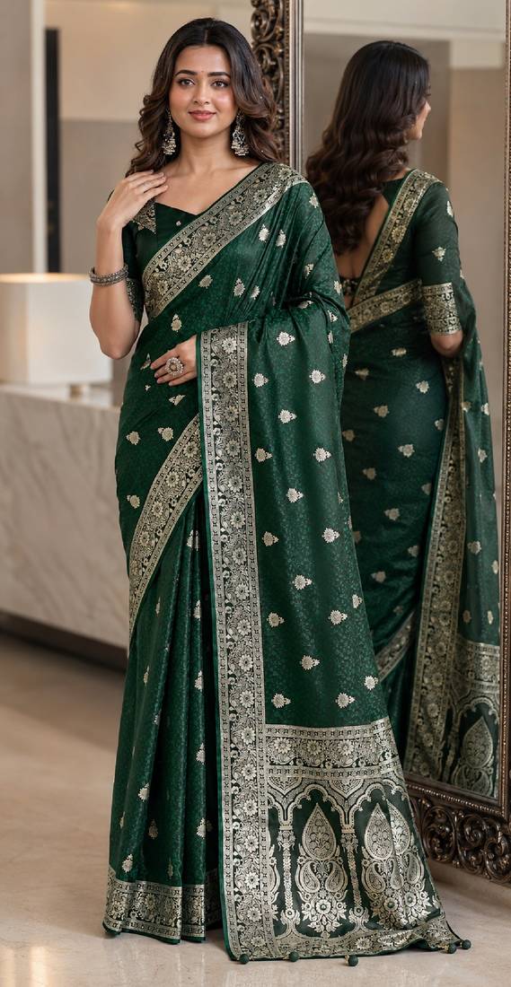 Green soft silk blend banarasi jacuard work festive saree with unstitched blouse piece