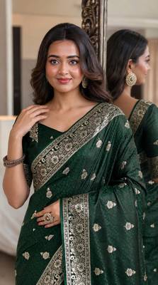 Green soft silk blend banarasi jacuard work festive saree with unstitched blouse piece 2