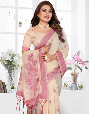 cream spun cotton blend woven designer ethnic partywear saree 3