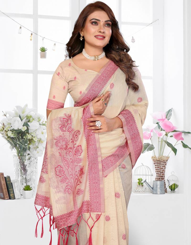 cream spun cotton blend woven designer ethnic partywear saree
