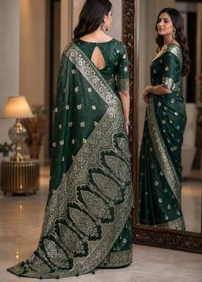 Green soft silk blend banarasi jacuard work festive saree with unstitched blouse piece 3