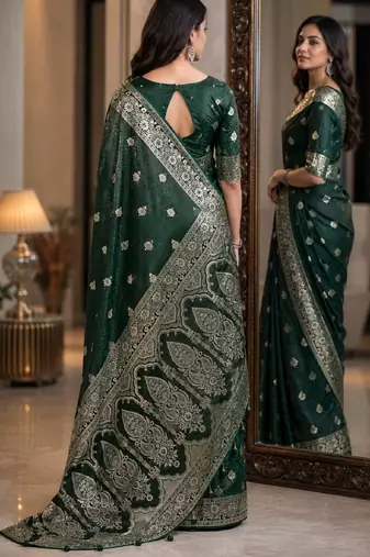 Green soft silk blend banarasi jacuard work festive saree with unstitched blouse piece