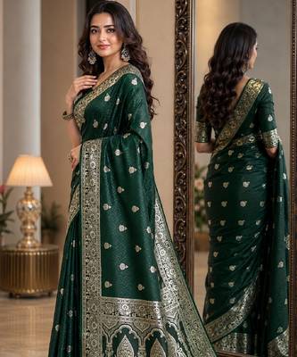 Green soft silk blend banarasi jacuard work festive saree with unstitched blouse piece 4
