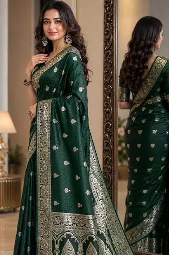 Green soft silk blend banarasi jacuard work festive saree with unstitched blouse piece