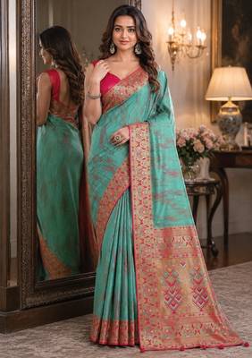 Rama soft silk blend banarasi jacuard work festive saree with unstitched blouse piece 1