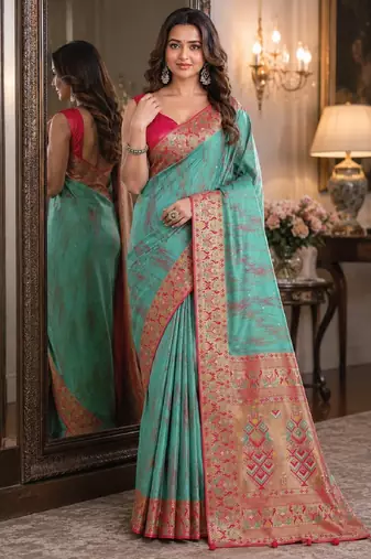 Rama soft silk blend banarasi jacuard work festive saree with unstitched blouse piece