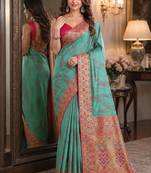 Rama soft silk blend banarasi jacuard work festive saree with unstitched blouse piece