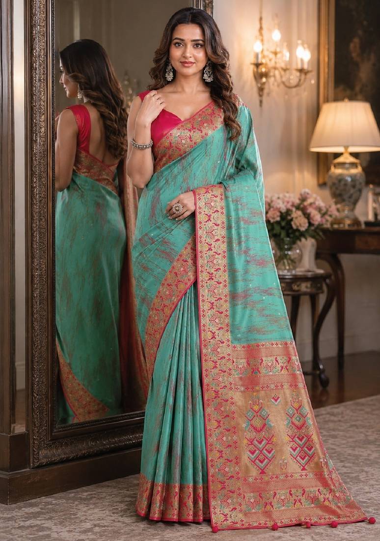 Rama soft silk blend banarasi jacuard work festive saree with unstitched blouse piece