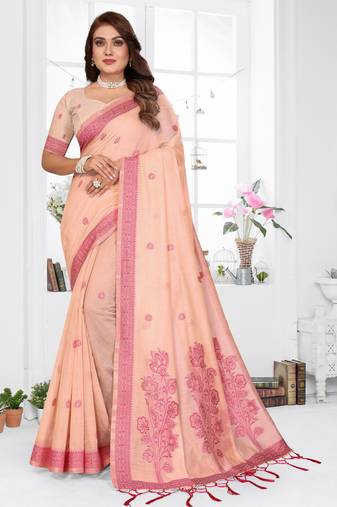 peach spun cotton blend woven designer ethnic partywear saree