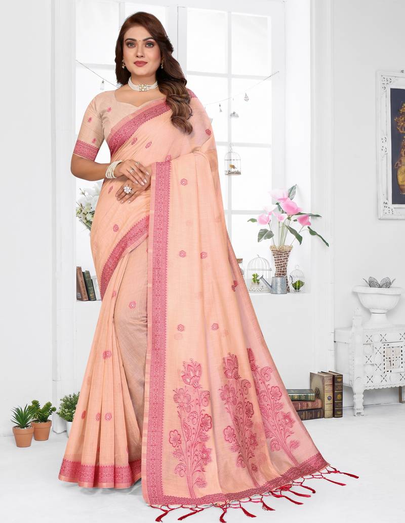 peach spun cotton blend woven designer ethnic partywear saree