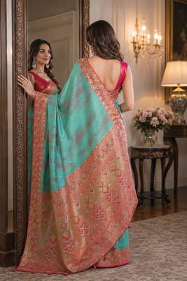 Rama soft silk blend banarasi jacuard work festive saree with unstitched blouse piece 3
