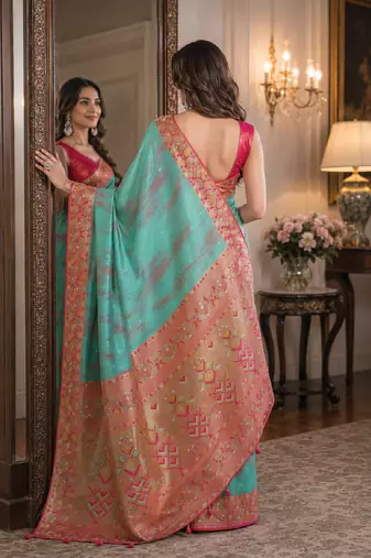 Rama soft silk blend banarasi jacuard work festive saree with unstitched blouse piece
