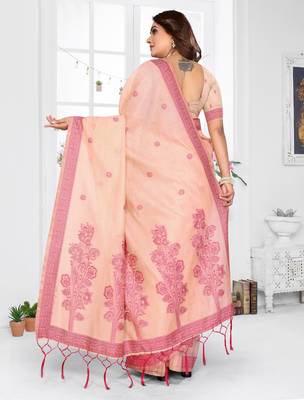 peach spun cotton blend woven designer ethnic partywear saree 2