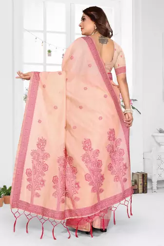 peach spun cotton blend woven designer ethnic partywear saree