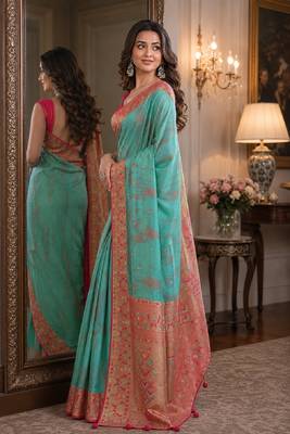 Rama soft silk blend banarasi jacuard work festive saree with unstitched blouse piece 4