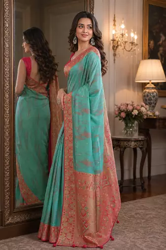 Rama soft silk blend banarasi jacuard work festive saree with unstitched blouse piece