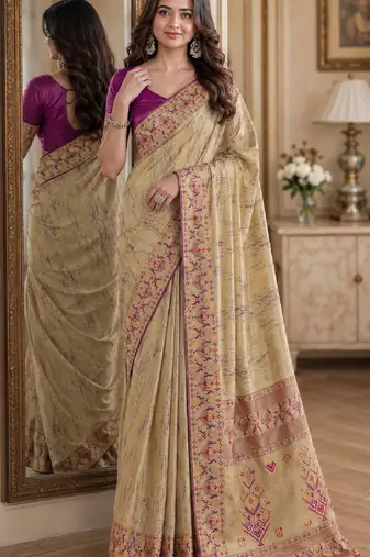 Cream soft silk blend banarasi jacuard work festive saree with unstitched blouse piece