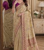 Cream soft silk blend banarasi jacuard work festive saree with unstitched blouse piece
