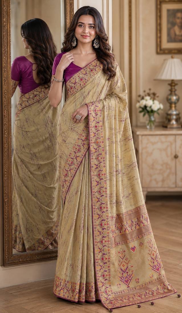 Cream soft silk blend banarasi jacuard work festive saree with unstitched blouse piece