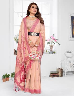 peach spun cotton blend woven designer ethnic partywear saree 4