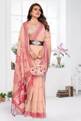 peach spun cotton blend woven designer ethnic partywear saree