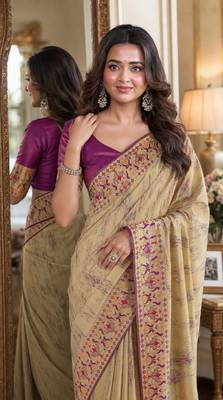 Cream soft silk blend banarasi jacuard work festive saree with unstitched blouse piece 2
