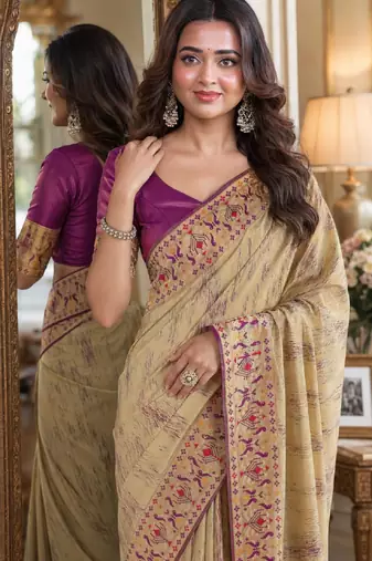 Cream soft silk blend banarasi jacuard work festive saree with unstitched blouse piece