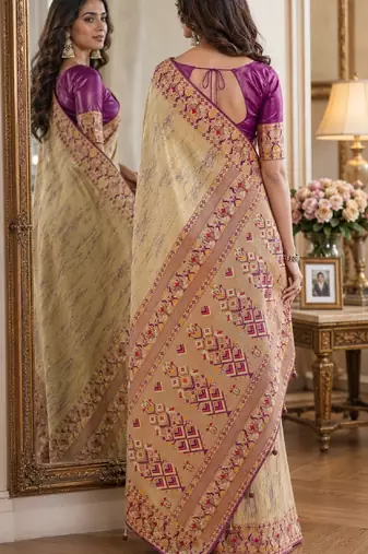Cream soft silk blend banarasi jacuard work festive saree with unstitched blouse piece