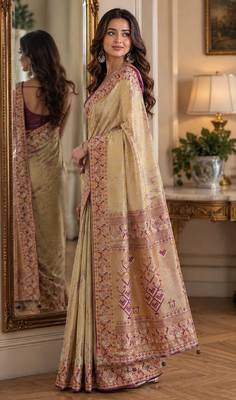 Cream soft silk blend banarasi jacuard work festive saree with unstitched blouse piece 4