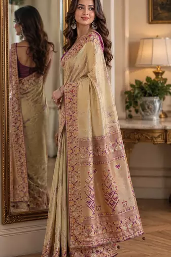 Cream soft silk blend banarasi jacuard work festive saree with unstitched blouse piece