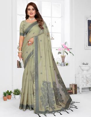 green spun cotton blend woven designer ethnic partywear saree 1