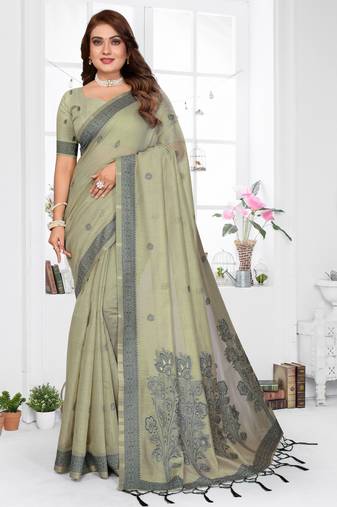 green spun cotton blend woven designer ethnic partywear saree