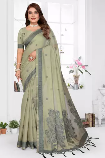 green spun cotton blend woven designer ethnic partywear saree