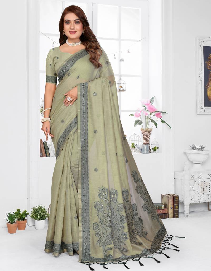 green spun cotton blend woven designer ethnic partywear saree