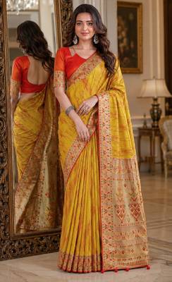 Yellow soft silk blend banarasi jacuard work festive saree with unstitched blouse piece 1