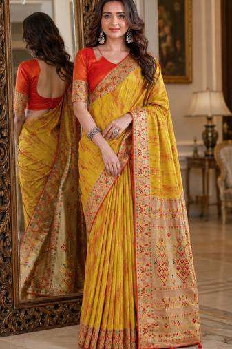 Yellow soft silk blend banarasi jacuard work festive saree with unstitched blouse piece