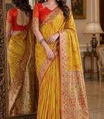 Yellow soft silk blend banarasi jacuard work festive saree with unstitched blouse piece