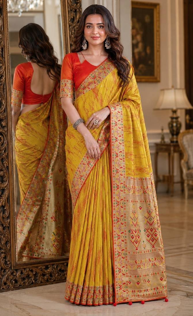 Yellow soft silk blend banarasi jacuard work festive saree with unstitched blouse piece