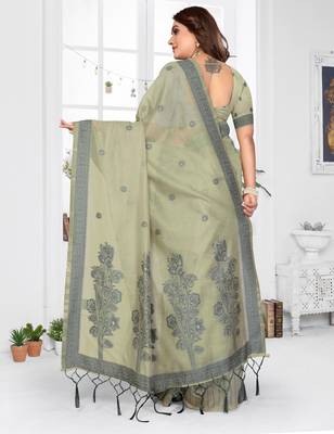green spun cotton blend woven designer ethnic partywear saree 2