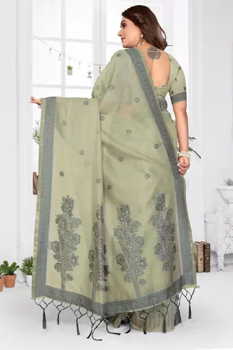 green spun cotton blend woven designer ethnic partywear saree