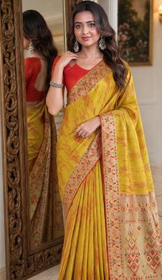 Yellow soft silk blend banarasi jacuard work festive saree with unstitched blouse piece 2