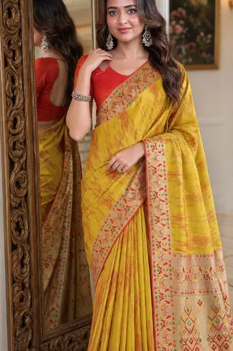 Yellow soft silk blend banarasi jacuard work festive saree with unstitched blouse piece